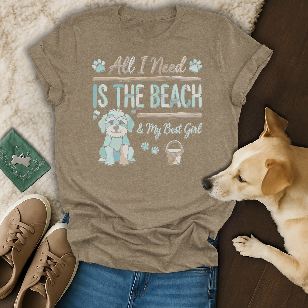 T-shirt with "All I Need Is The Beach & My Best Girl" text, a cartoon dog, and beach bucket graphic.