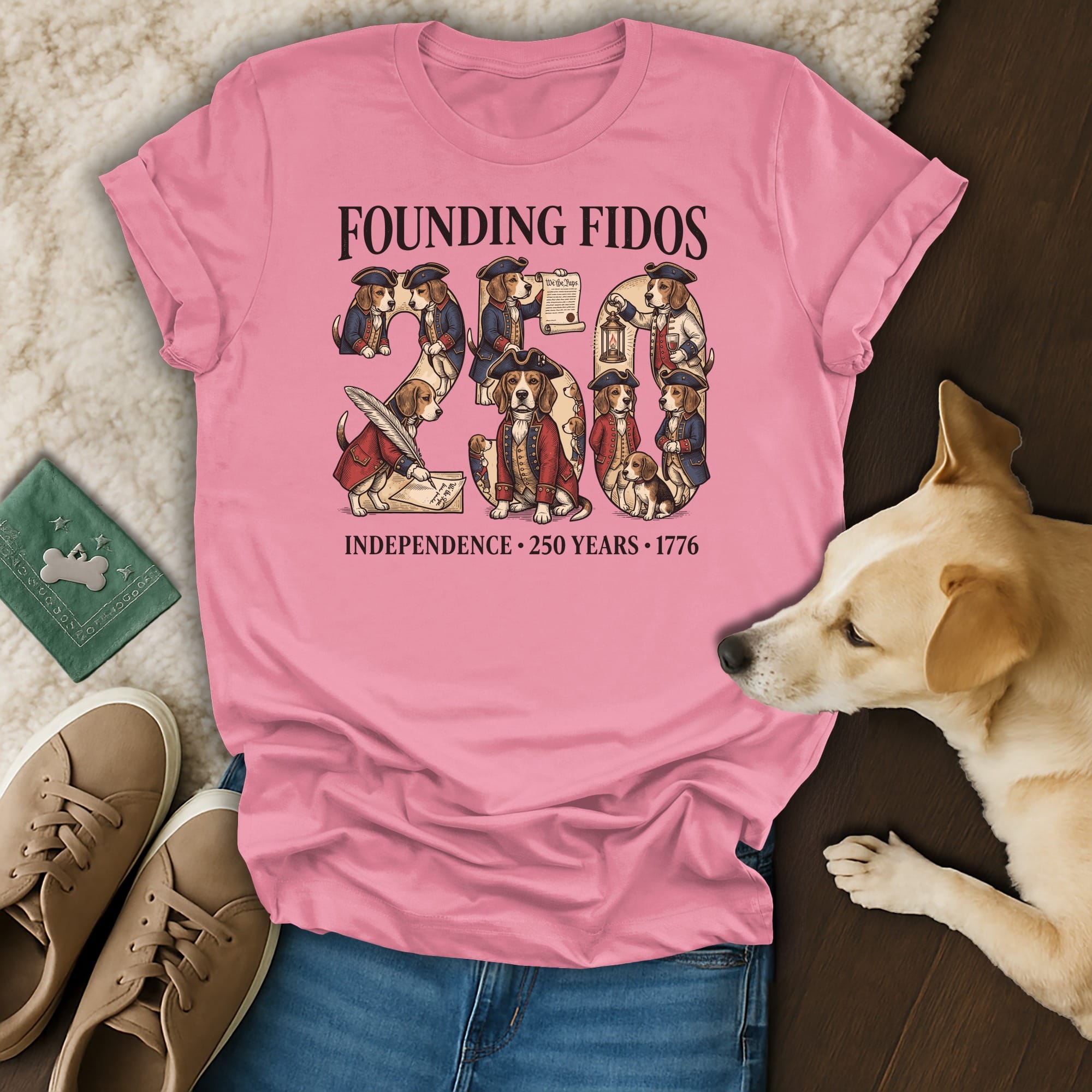 Founding Fidos t-shirt with dogs in historical costumes celebrating independence.
