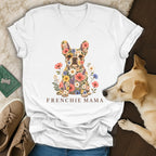 White v-neck t-shirt featuring a floral French bulldog graphic and the text Frenchie Mama.
