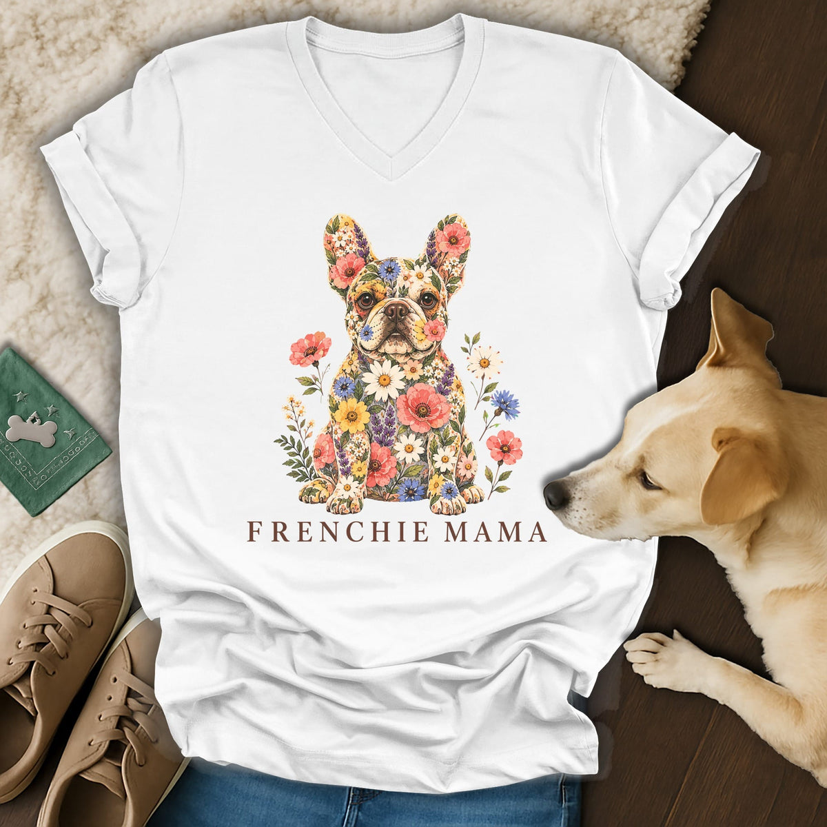 White v-neck t-shirt featuring a floral French bulldog graphic and the text Frenchie Mama.