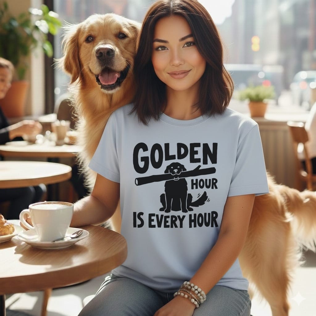Woman wearing t-shirt that says "GOLDEN HOUR IS EVERY HOUR" with a golden retriever.
