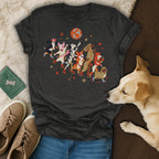 Dark grey t-shirt with a graphic of dogs roller skating under a disco ball.