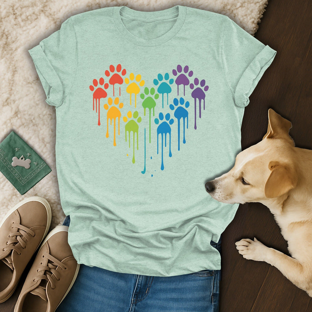 Colorful Dripping Paw Print Heart Design T-Shirt