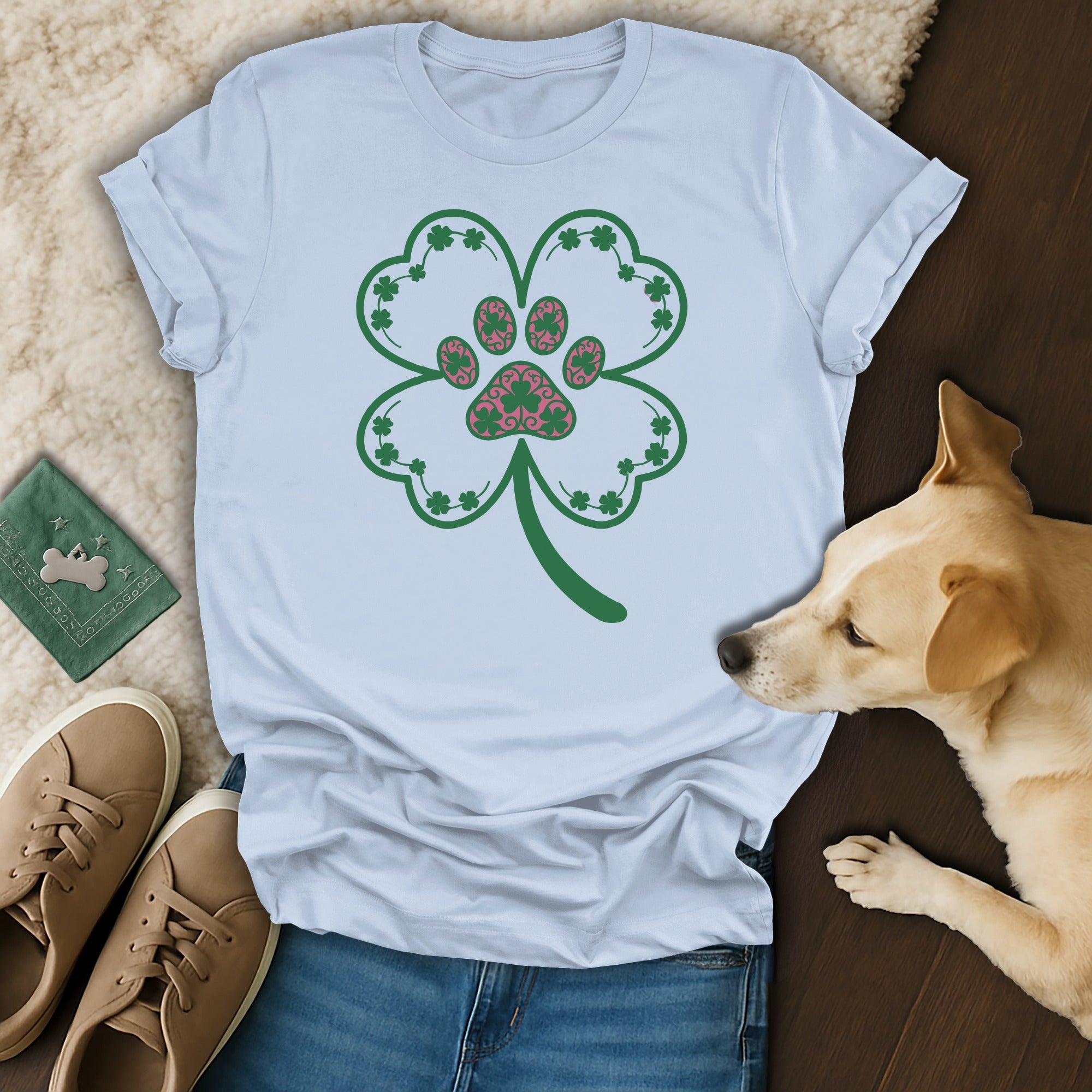 Shamrock and Paw Print Design T-shirt for Pet Lovers