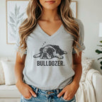 Gray v-neck t-shirt with a sleeping bulldog graphic and the text BULLDOZER.