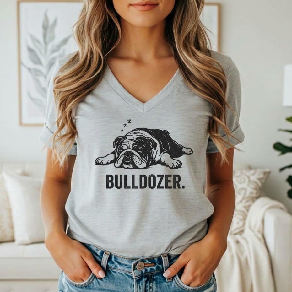 Gray v-neck t-shirt with a sleeping bulldog graphic and the text BULLDOZER.
