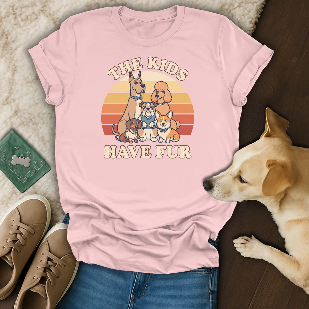 Pink t-shirt with cartoon dogs and text "The Kids Have Fur"