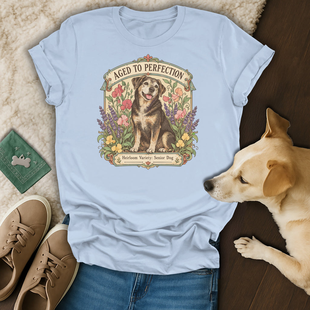 Light blue t-shirt featuring a vintage botanical graphic of a senior dog, surrounded by jeans, sneakers, and a live dog.