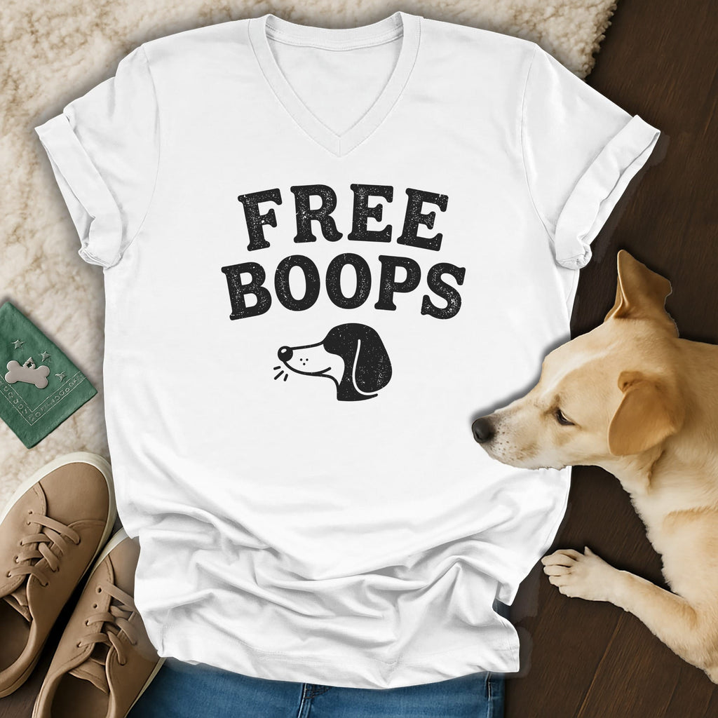 White t-shirt with black text "FREE BOOPS" and a dog graphic.