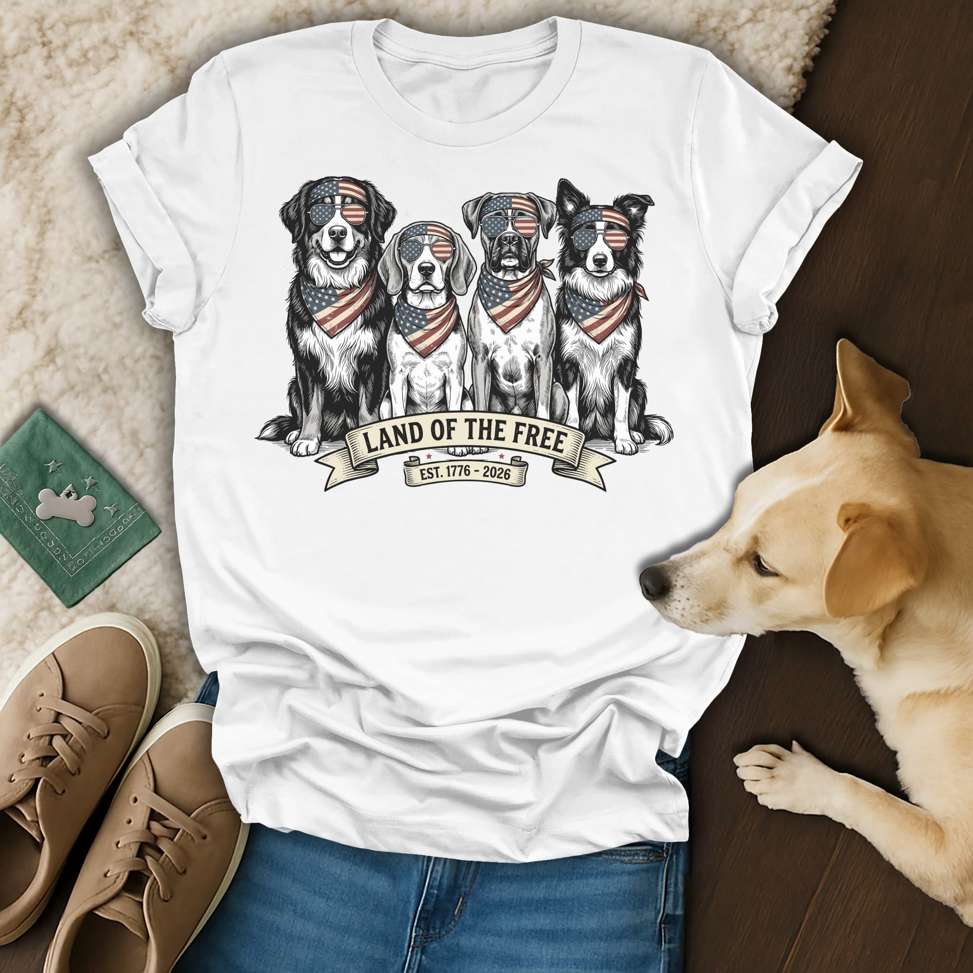Four dogs wearing bandanas and sunglasses, printed on a white t-shirt.