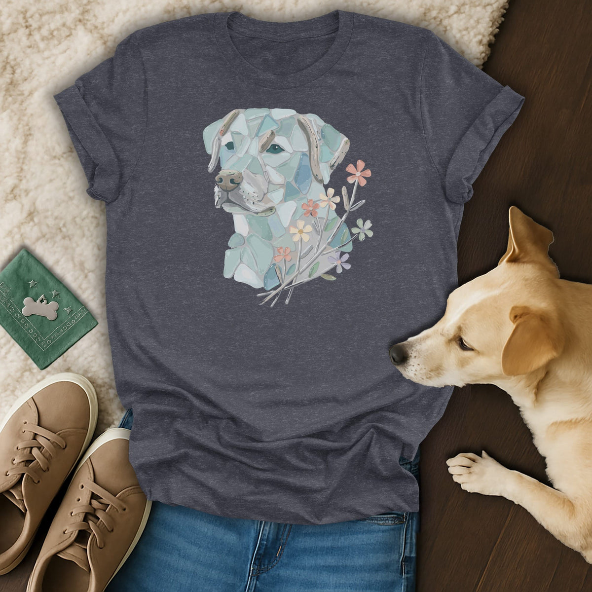 Dark grey t-shirt with a mosaic dog and floral design, paired with jeans and sneakers.
