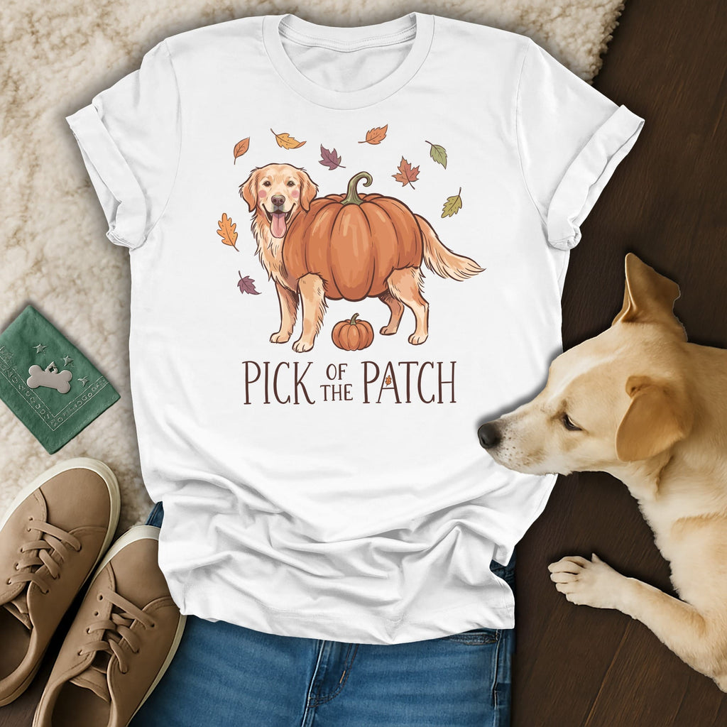 Golden retriever with pumpkin body and "Pick of the Patch" text on a t-shirt.