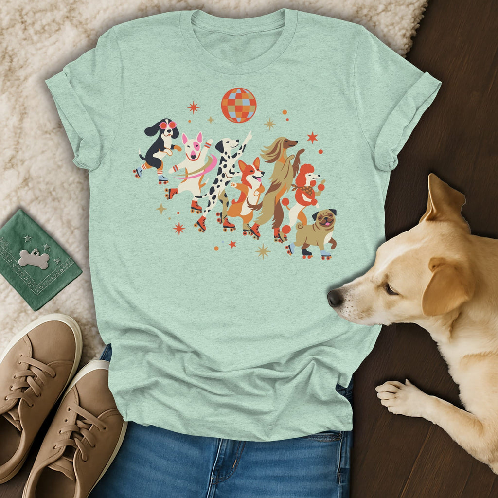 Light green t-shirt with assorted dogs roller skating under a disco ball.