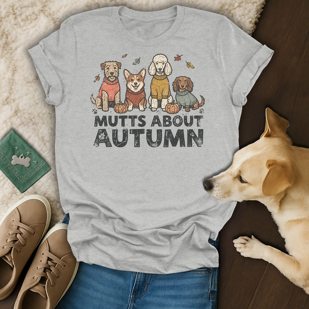 Grey t-shirt with four dogs in sweaters and pumpkins, text "Mutts About Autumn".