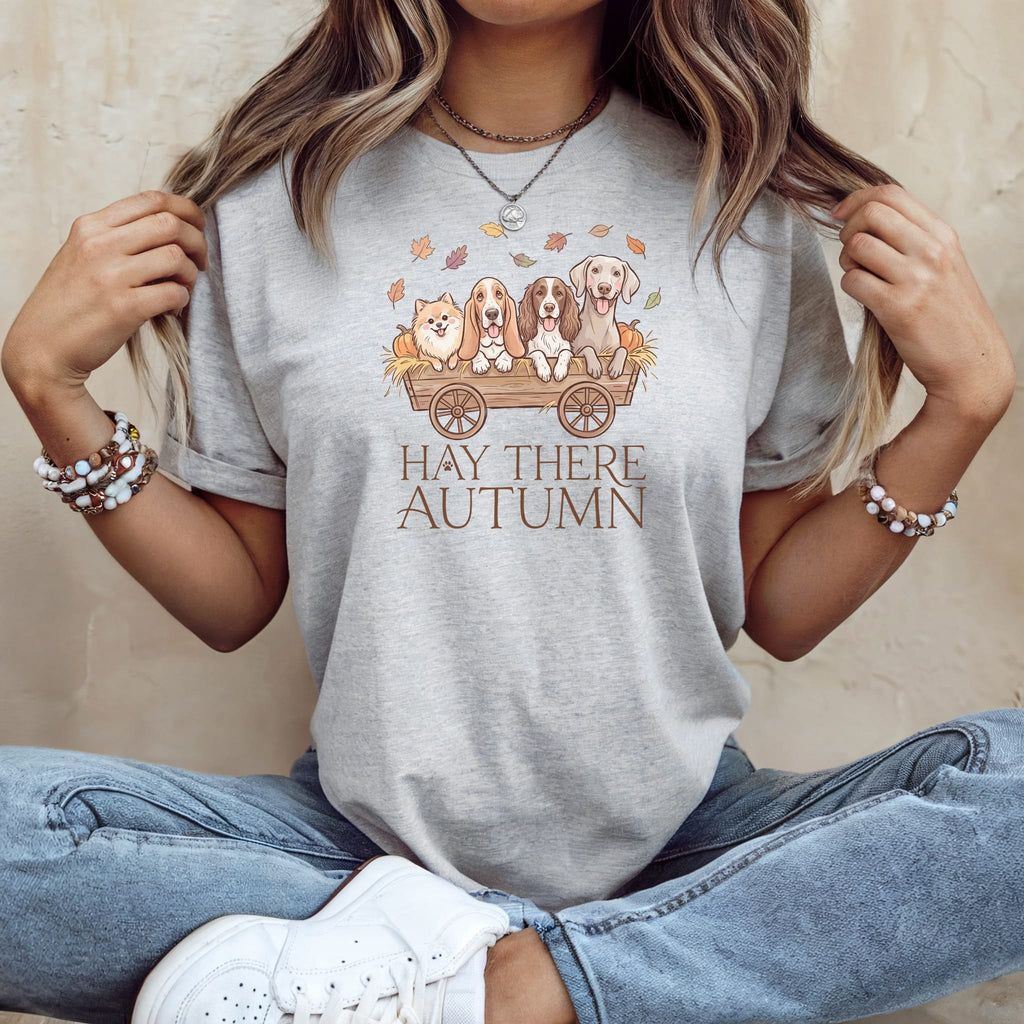 T-shirt graphic with four dogs in a wagon, text "HAY THERE AUTUMN" and autumn leaves.
