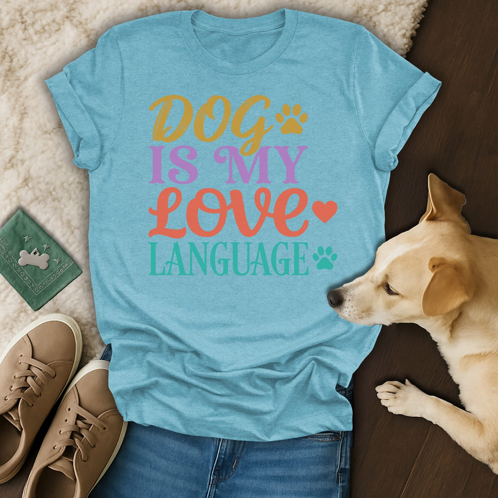 T-shirt with "DOG IS MY LOVE LANGUAGE" in colorful text.