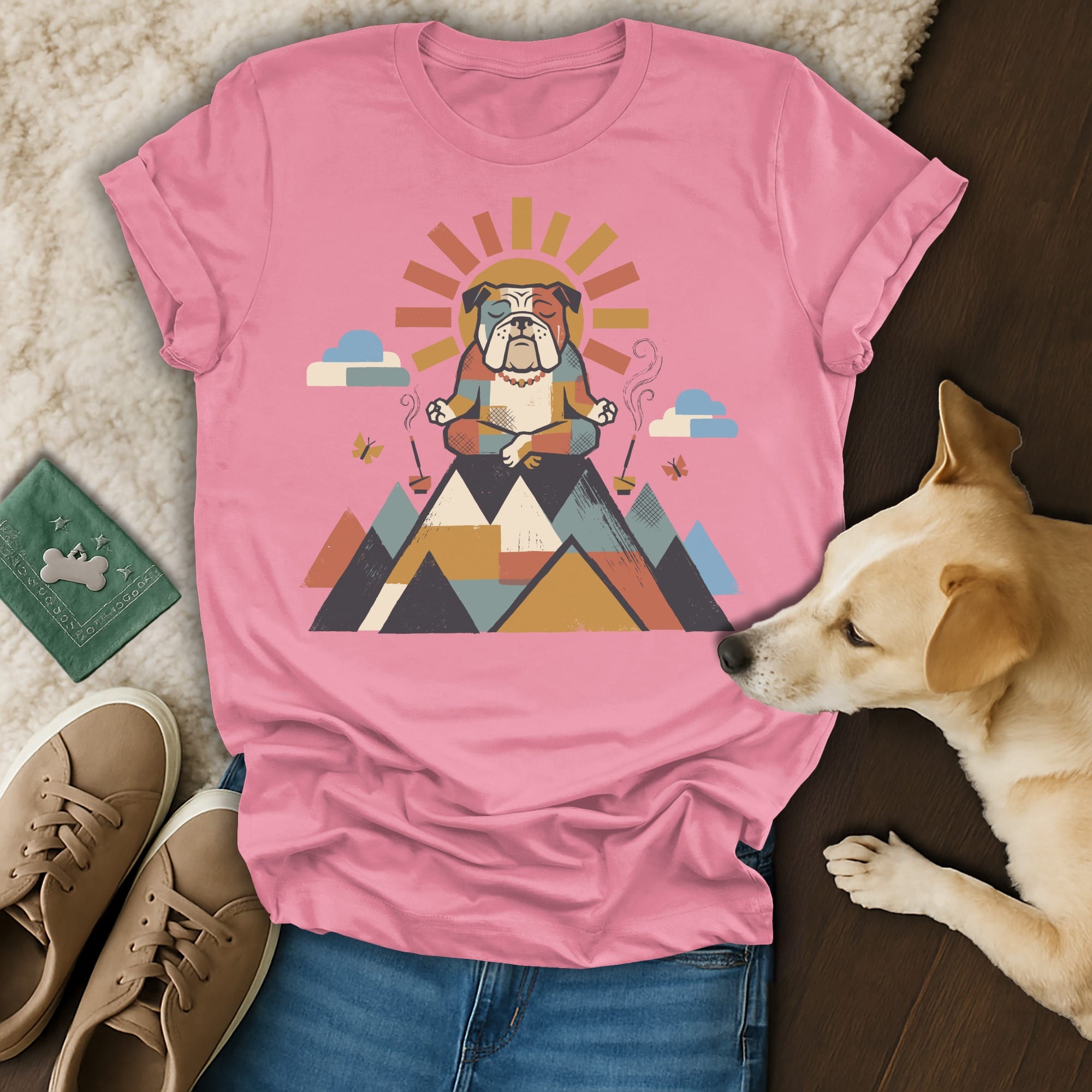 Bulldog meditating on mountain peak, sun and clouds graphic on pink t-shirt.