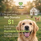 Lucky Paw Shoppe donation announcement text alongside a smiling golden retriever in a sunny grassy field.