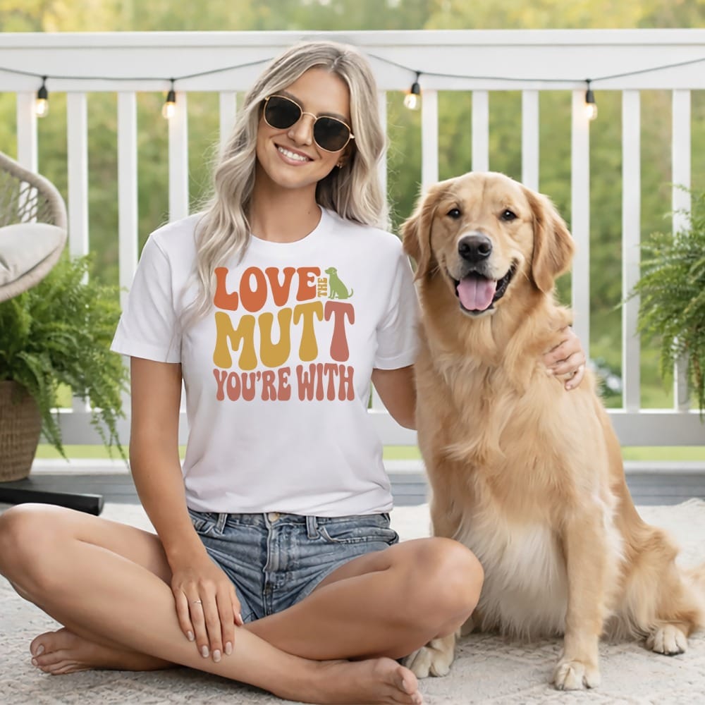 White t-shirt with "Love the Mutt You're With" text and dog graphic.