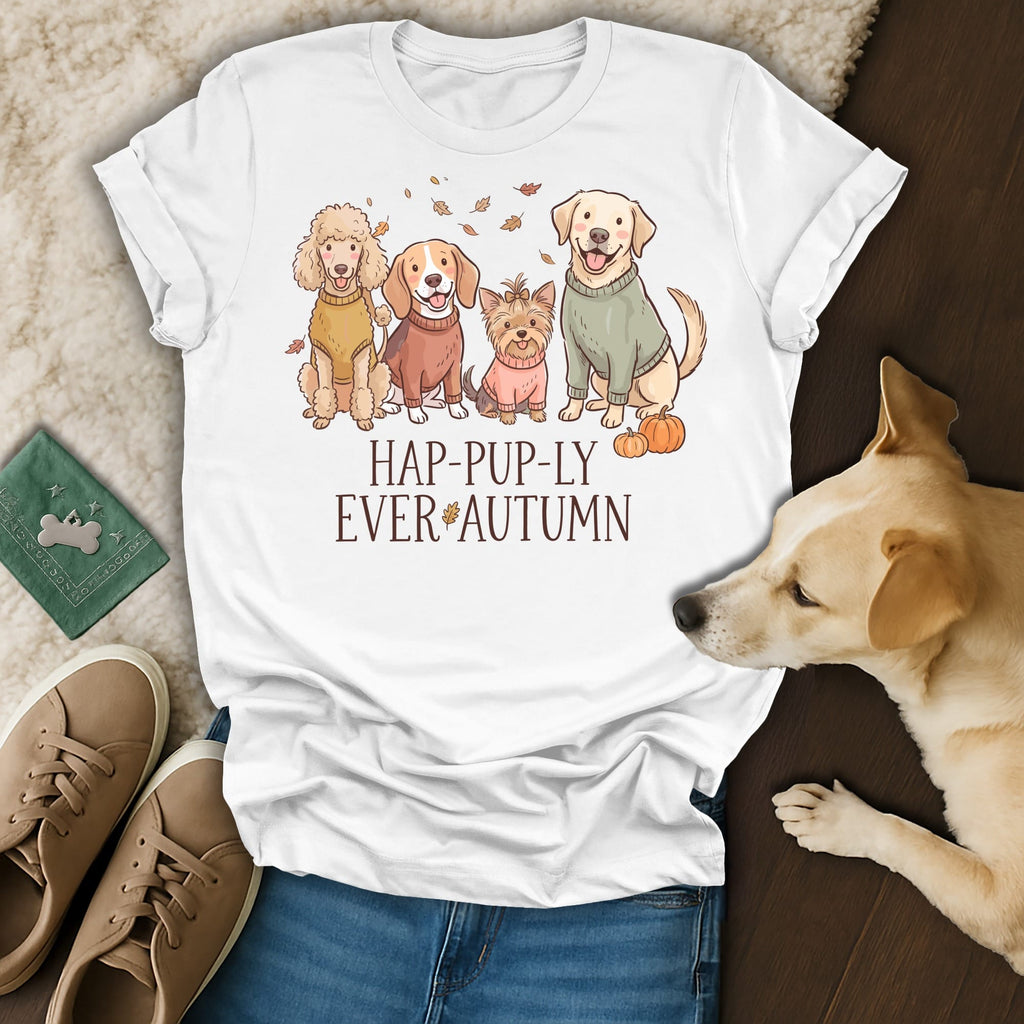 White t-shirt with four dogs in sweaters and text "HAP-PUP-LY EVER AUTUMN".