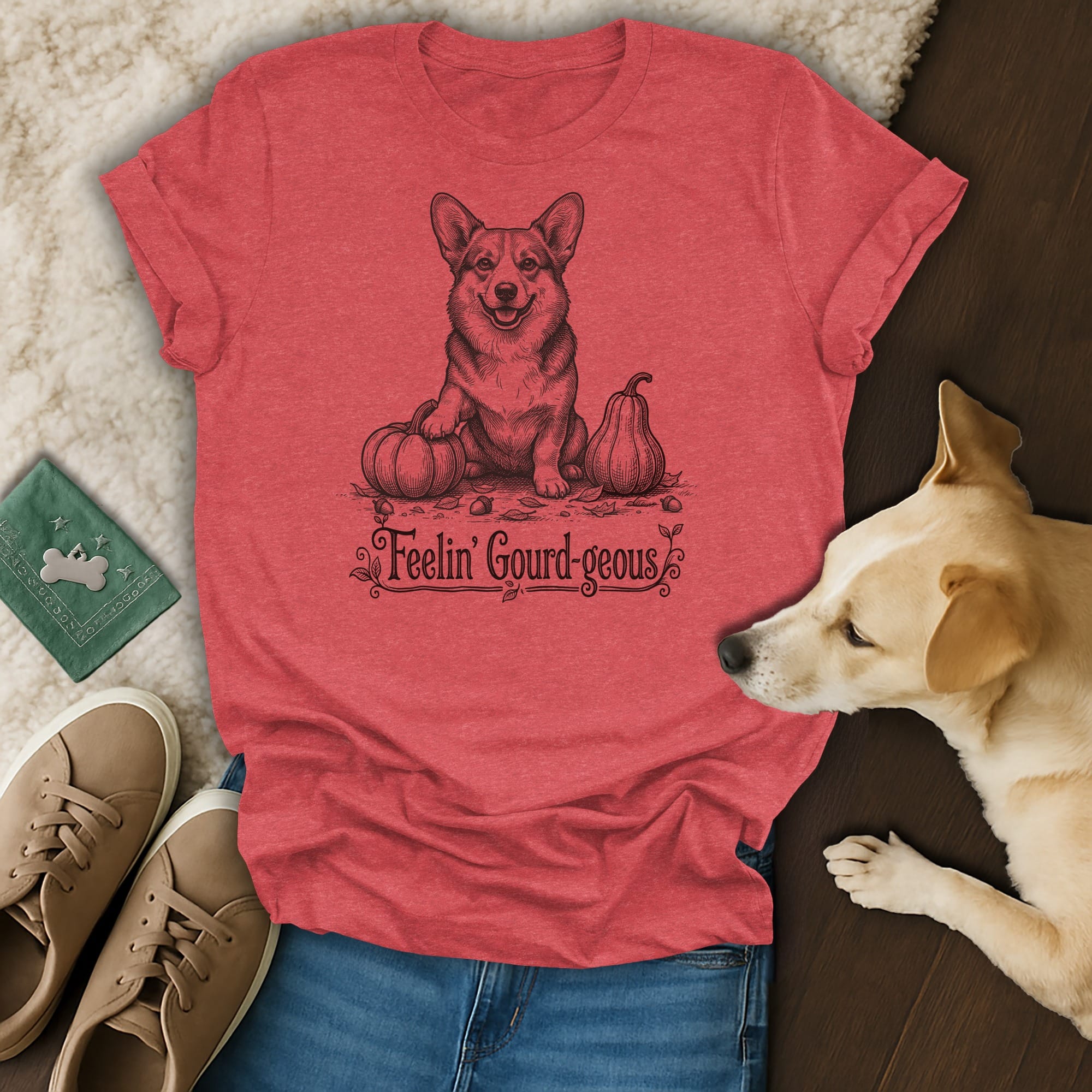 Red t-shirt with a drawing of a corgi sitting with pumpkins and the text "Feelin' Gourd-geous".