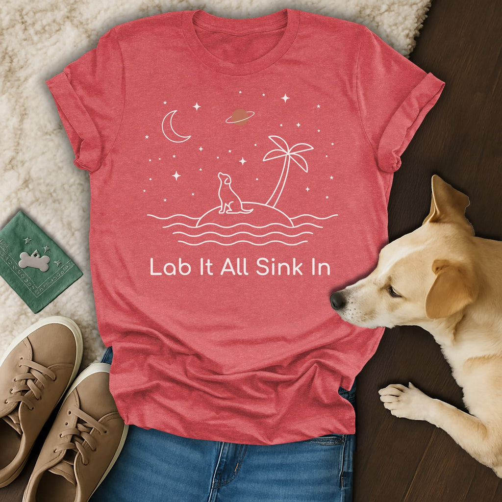 T-shirt with a line drawing of a dog on an island with palm trees and stars.