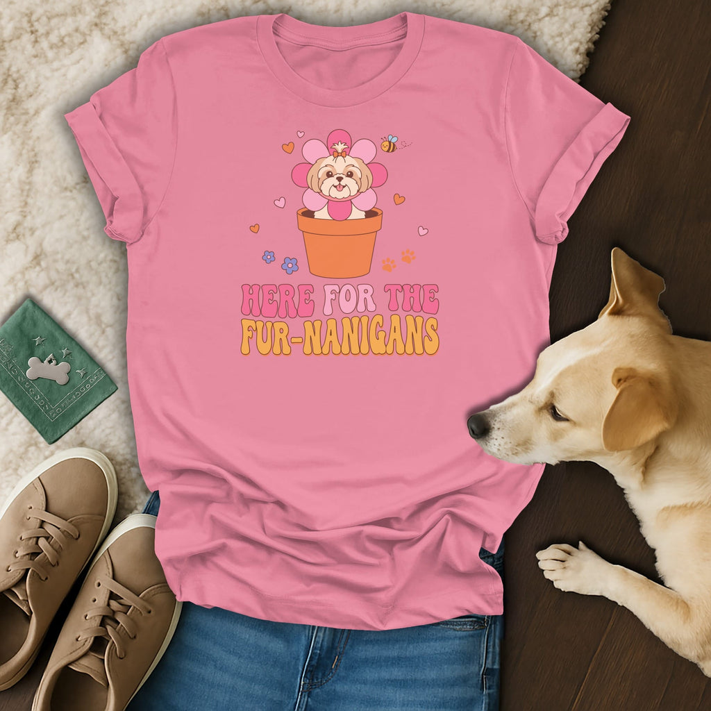 Pink t-shirt with cartoon dog in flower pot and "Here for the Fur-nanigans" text.