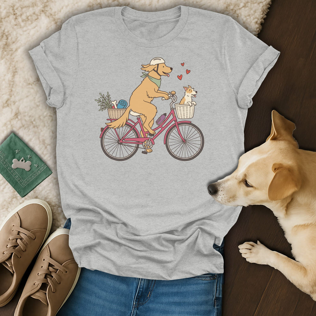 Grey t-shirt with dogs riding a bicycle, one carrying basket items.