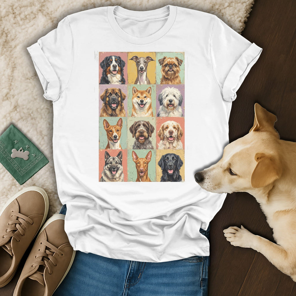 Grid of twelve vintage dog portraits in muted colors, on a white t-shirt.