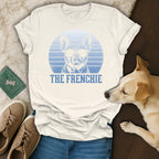 French Bulldog wearing sunglasses, text "THE FRENCHIE" on a light blue gradient circle.
