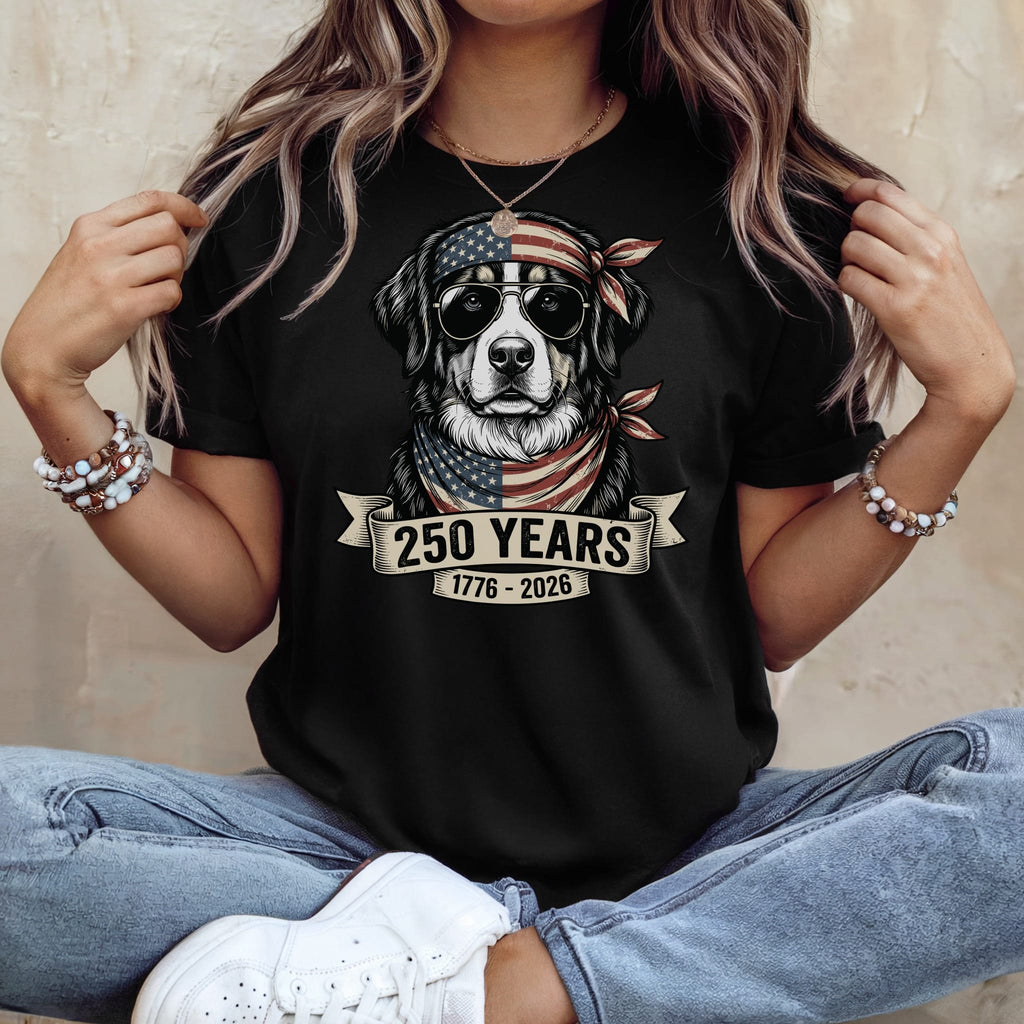 Dog wearing bandana and sunglasses, 250 years 1776-2026.