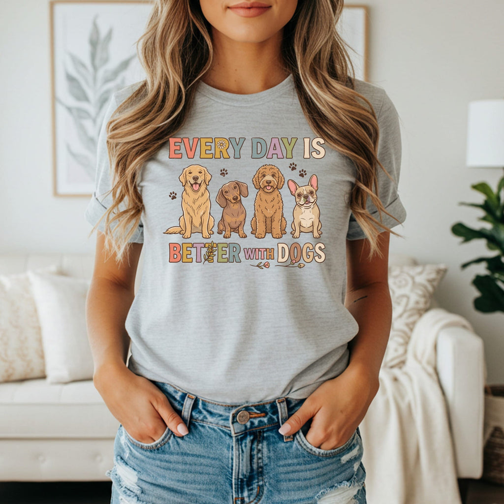 Graphic tee with four cartoon dogs and text "EVERY DAY IS BETTER WITH DOGS".