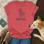Red t-shirt with a navy blue Dalmatian graphic and text "SPOTTED."