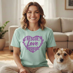 Light teal t-shirt with purple paw print heart graphic saying "RESCUE Love Repeat".