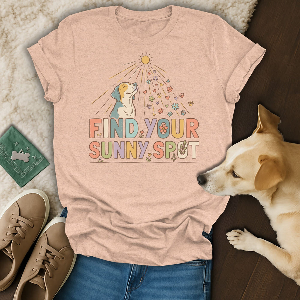 Peach t-shirt with beagle dog graphic and text "FIND YOUR SUNNY SPOT."
