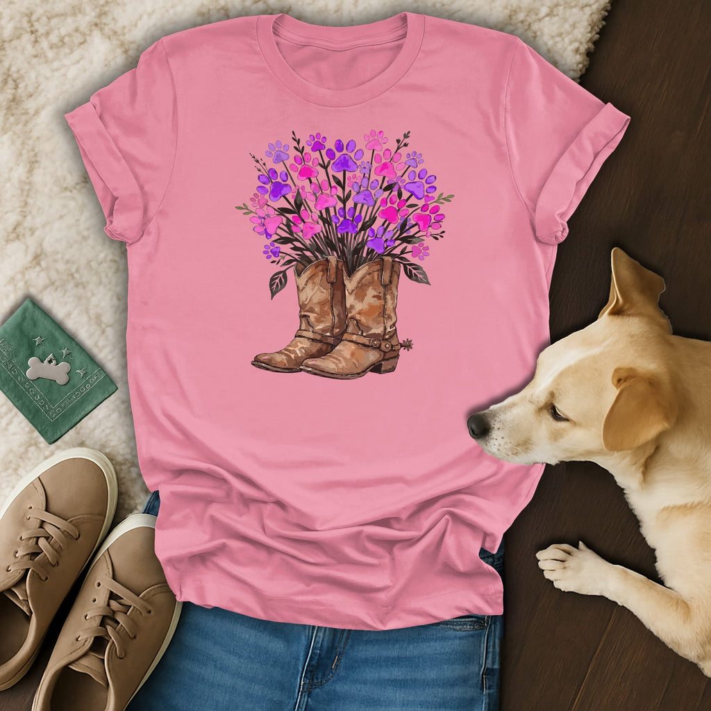 Pink t-shirt with cowboy boots and floral paw prints.