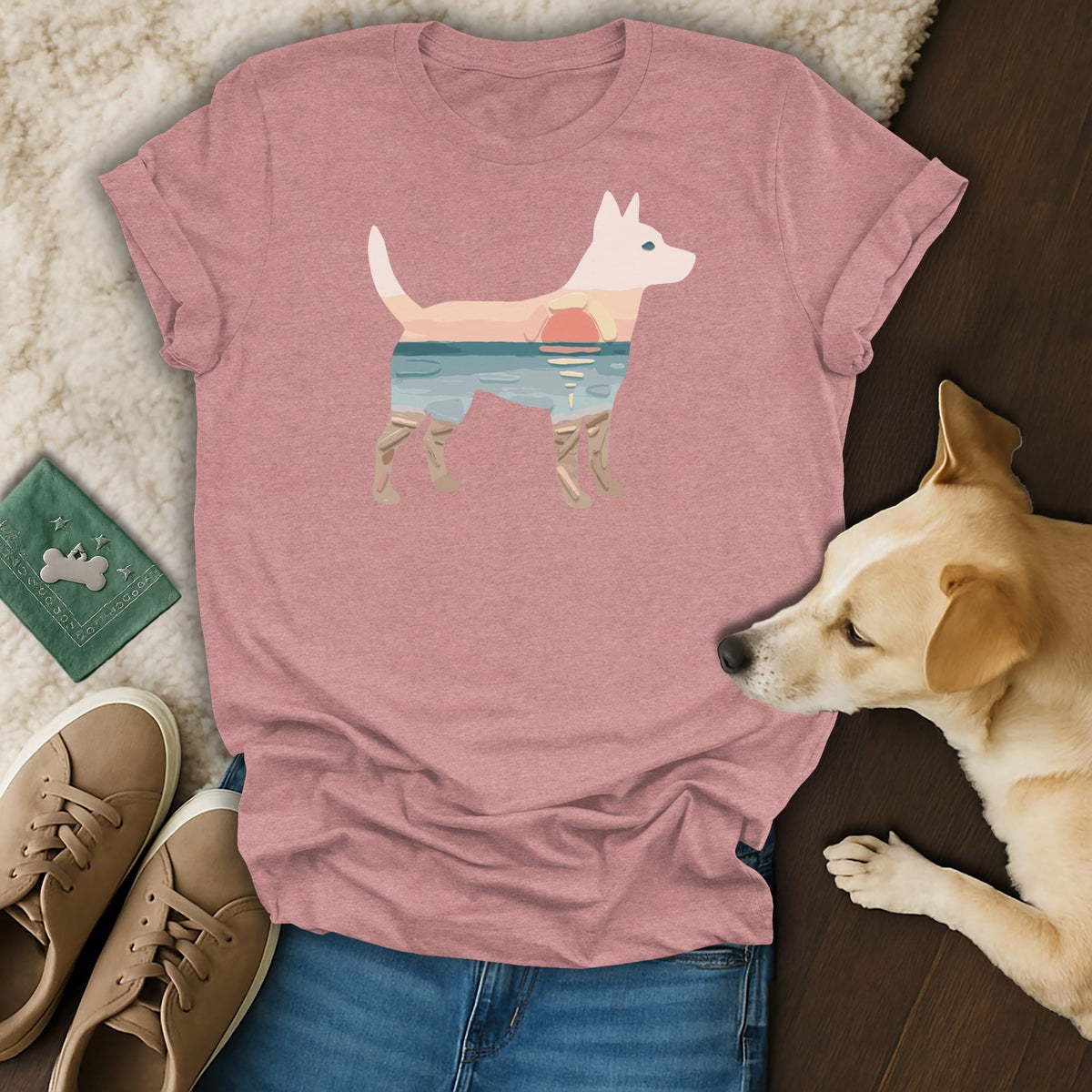 Pink t-shirt with a dog silhouette filled with a sunset beach scene.