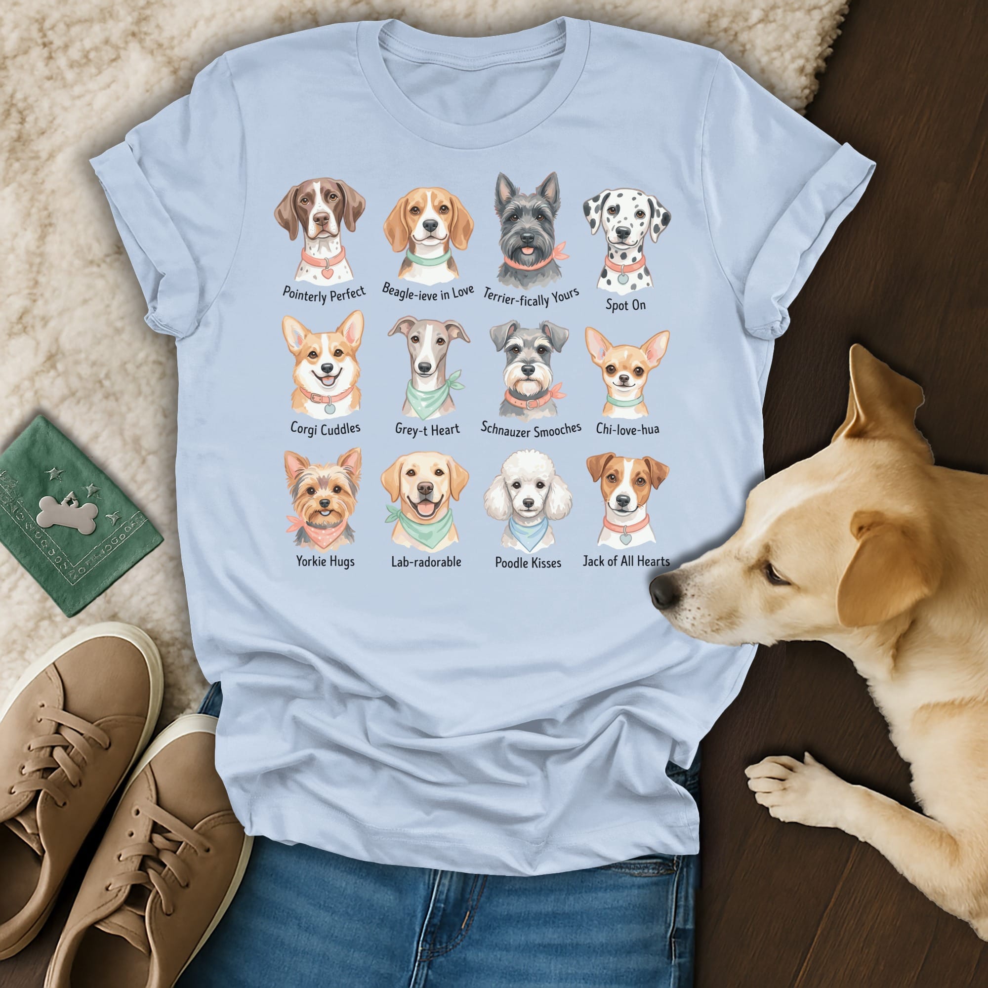 T-shirt with watercolor dog breeds labeled Pointerly Perfect, Beagle-jeve, Terrier-fically, Spot On, Corgi Cuddles, Grey-t Heart, Schnauzer Smooches, Chi-love-hua, Yorkie Hugs, Lab-radorable, Poodle Kisses, Jack of All Hearts.