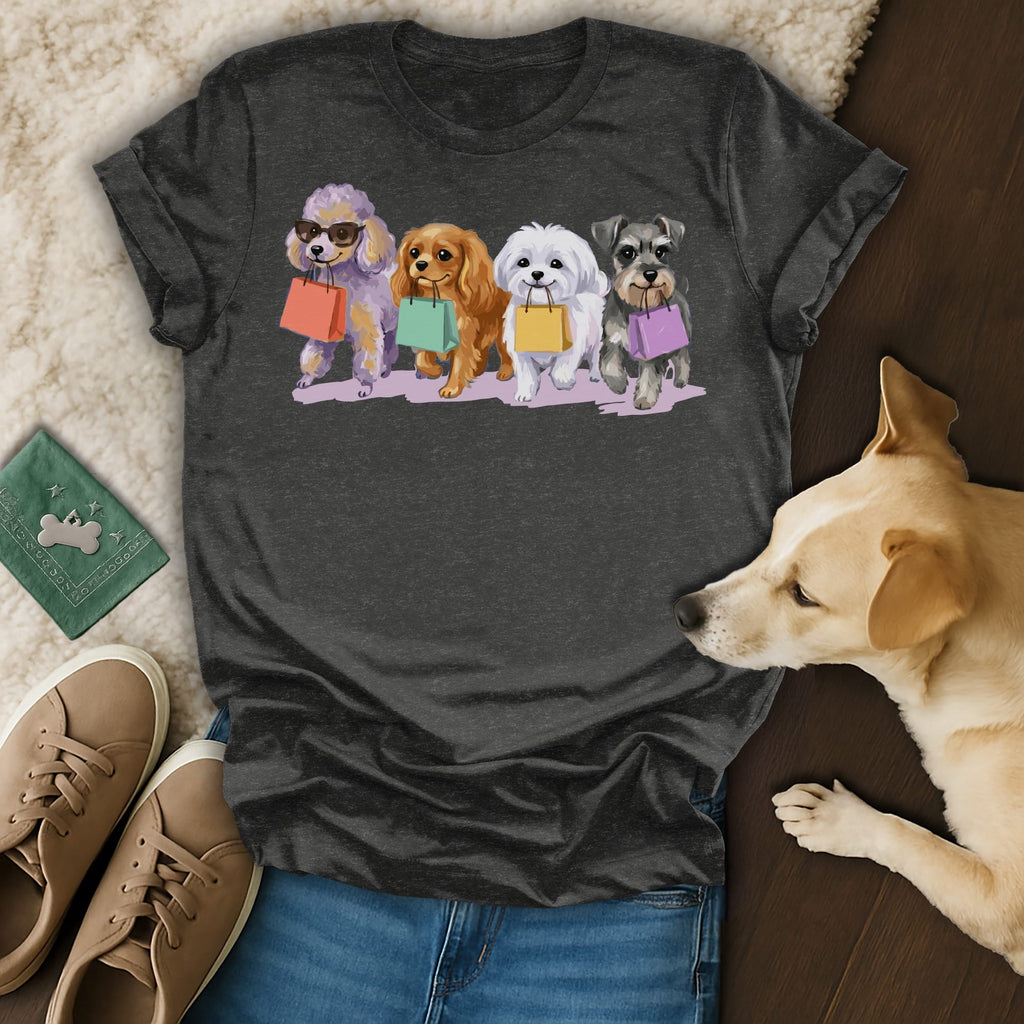 T-shirt with four dogs holding shopping bags.