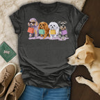 T-shirt with four dogs holding shopping bags.