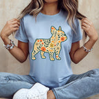 Floral French Bulldog Design on Light Blue Shirt