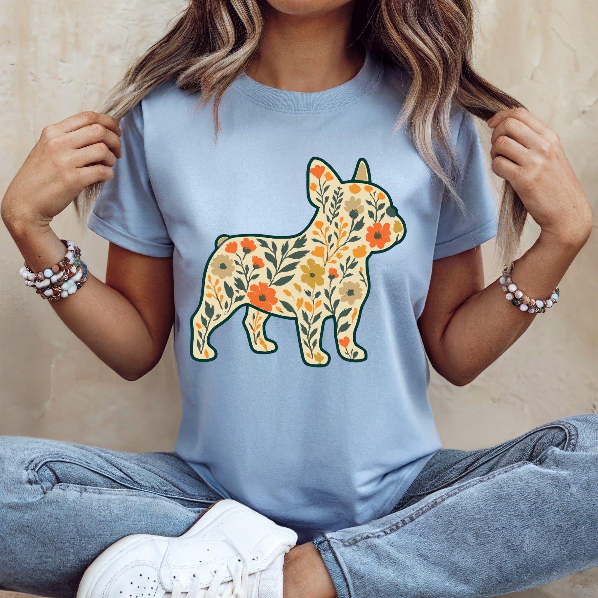 Floral French Bulldog Design on Light Blue Shirt