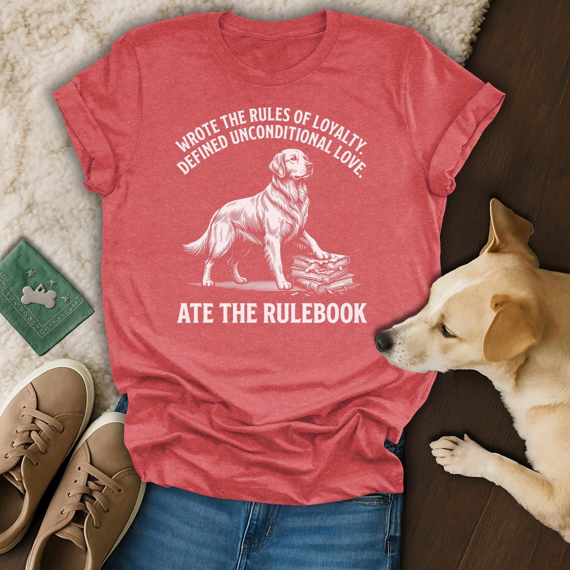 Red t-shirt with a dog and text about loyalty and rulebooks.