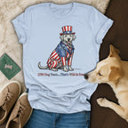 Labrador in patriotic hat and suit with text "1750 Dog Years....That's Wild & Free".