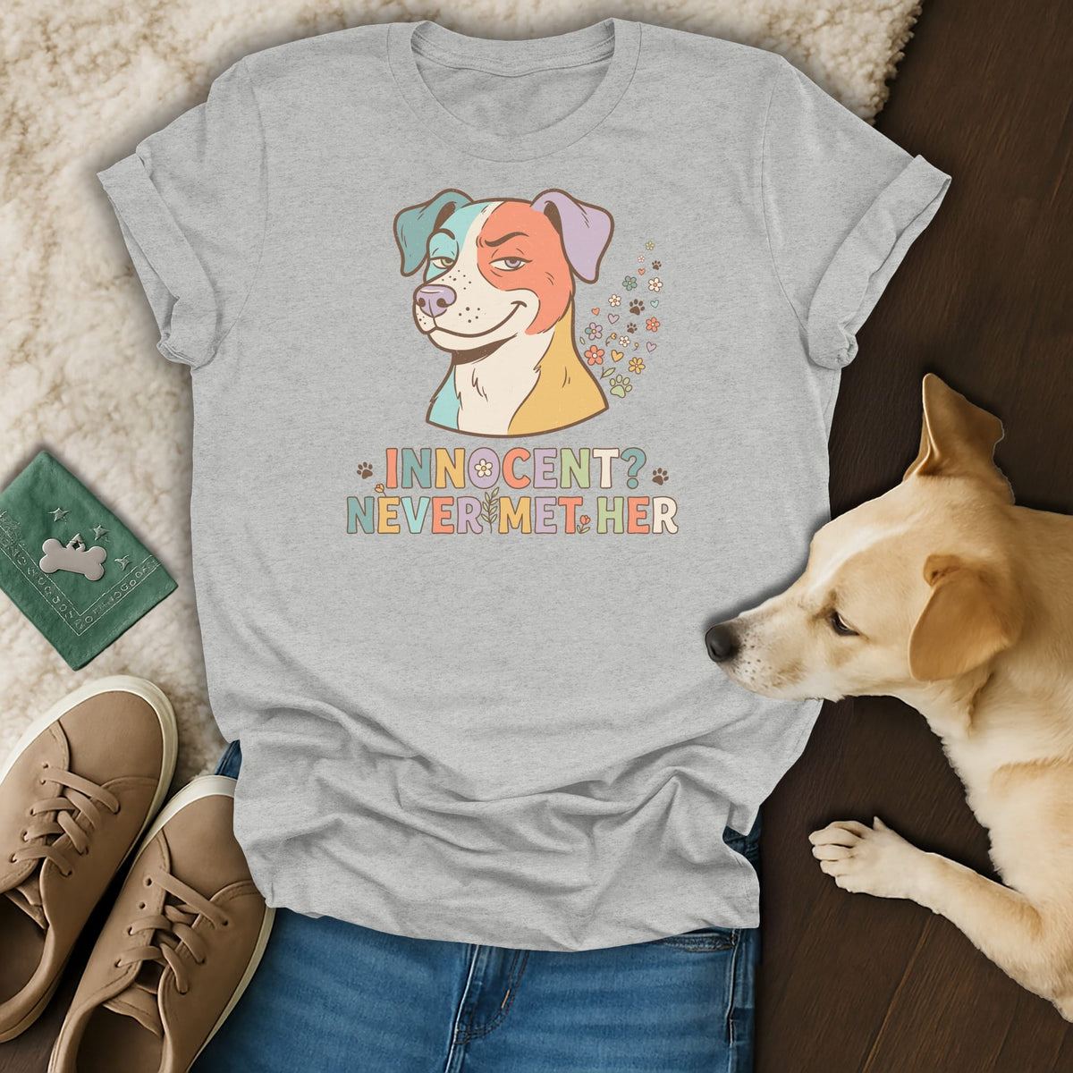 Grey t-shirt with a colorful dog graphic and "Innocent? Never Met Her" text.