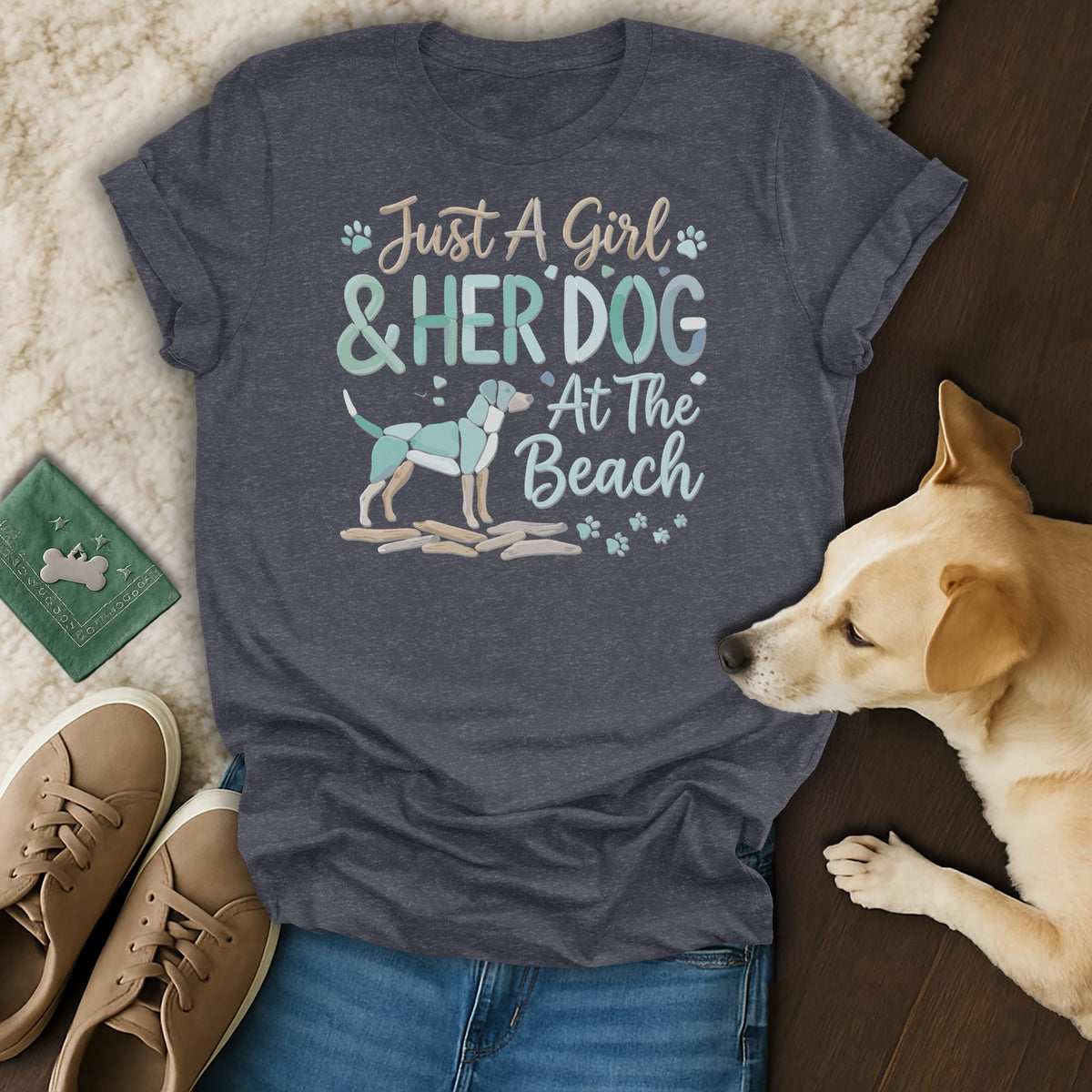Dark grey t-shirt with text and illustration of a dog at the beach.