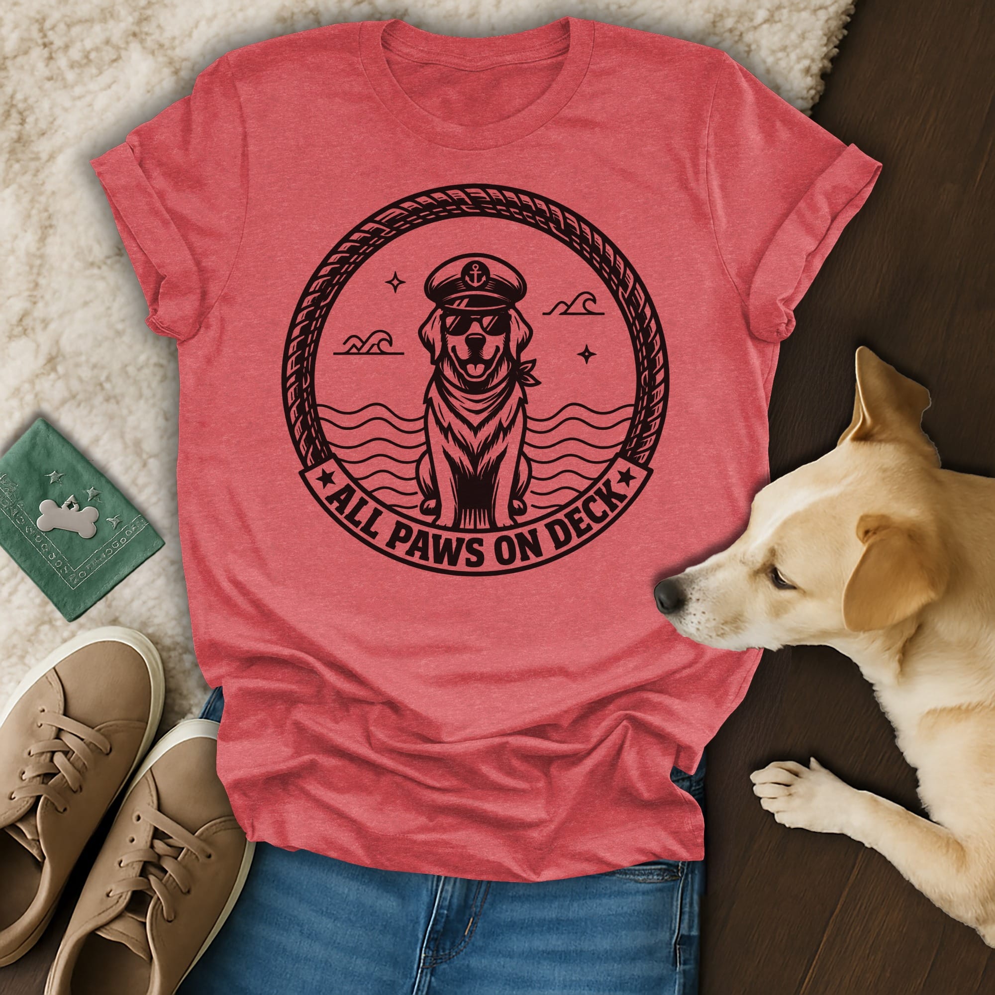 Red t-shirt with "All Paws On Deck" text and a dog wearing a captain's hat.