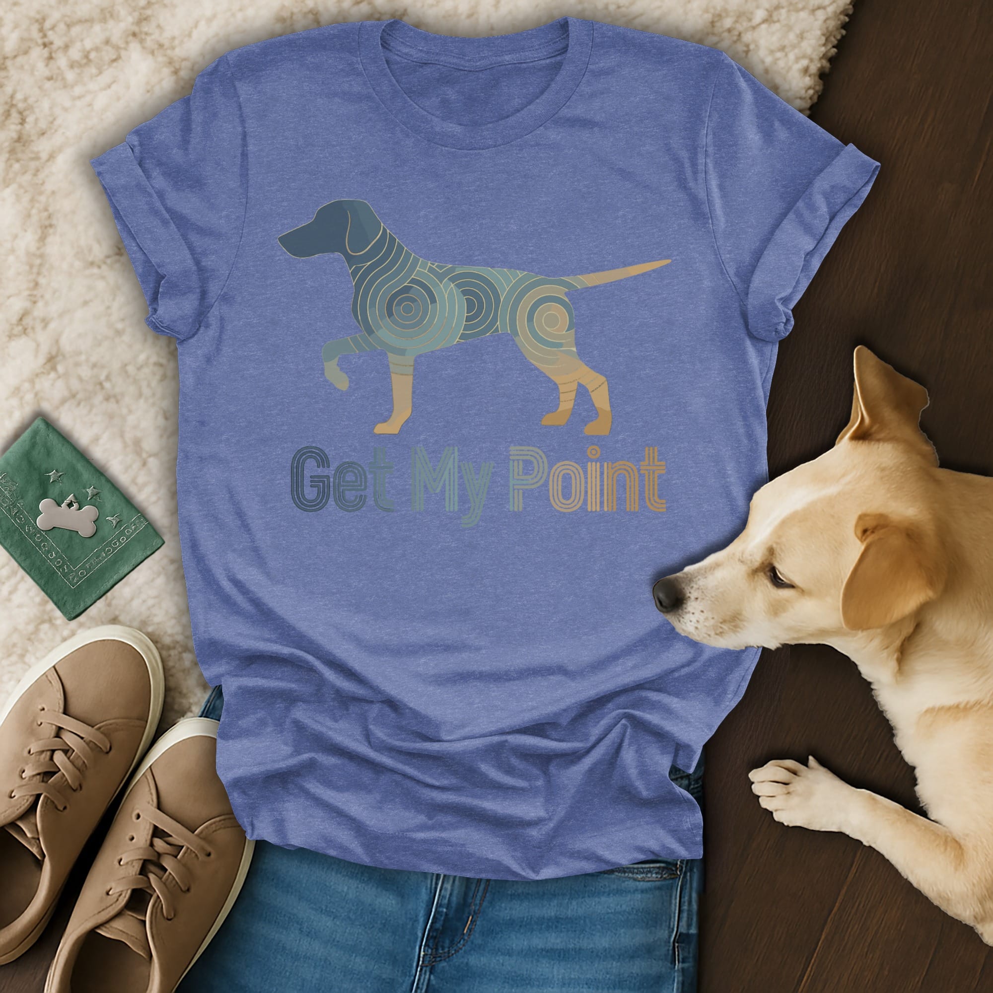Blue t-shirt with a dog silhouette and "Get My Point" text.