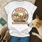 White t-shirt with "Mount Barkmore" text and dog portraits with rainbow.