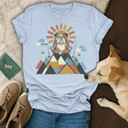 Bulldog meditating on a mountain, wearing sunglasses, with a sunburst and butterflies.